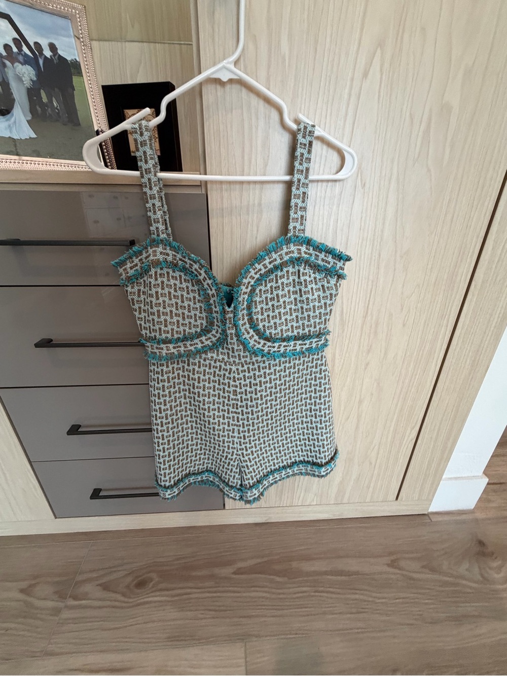 Textured Tweed romper with Teal Trim